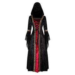 Retro Medieval Ages Women Hooded Cloak Red and Black Robe Lace Dress Cosplay Costume Outfits Halloween Carnival Suit