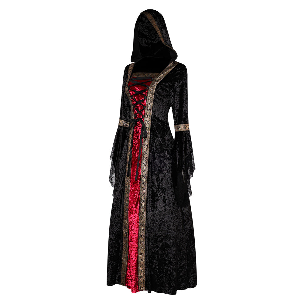 Retro Medieval Ages Women Hooded Cloak Red and Black Robe Lace Dress C ...