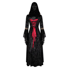 Retro Medieval Ages Women Hooded Cloak Red and Black Robe Lace Dress Cosplay Costume Outfits Halloween Carnival Suit