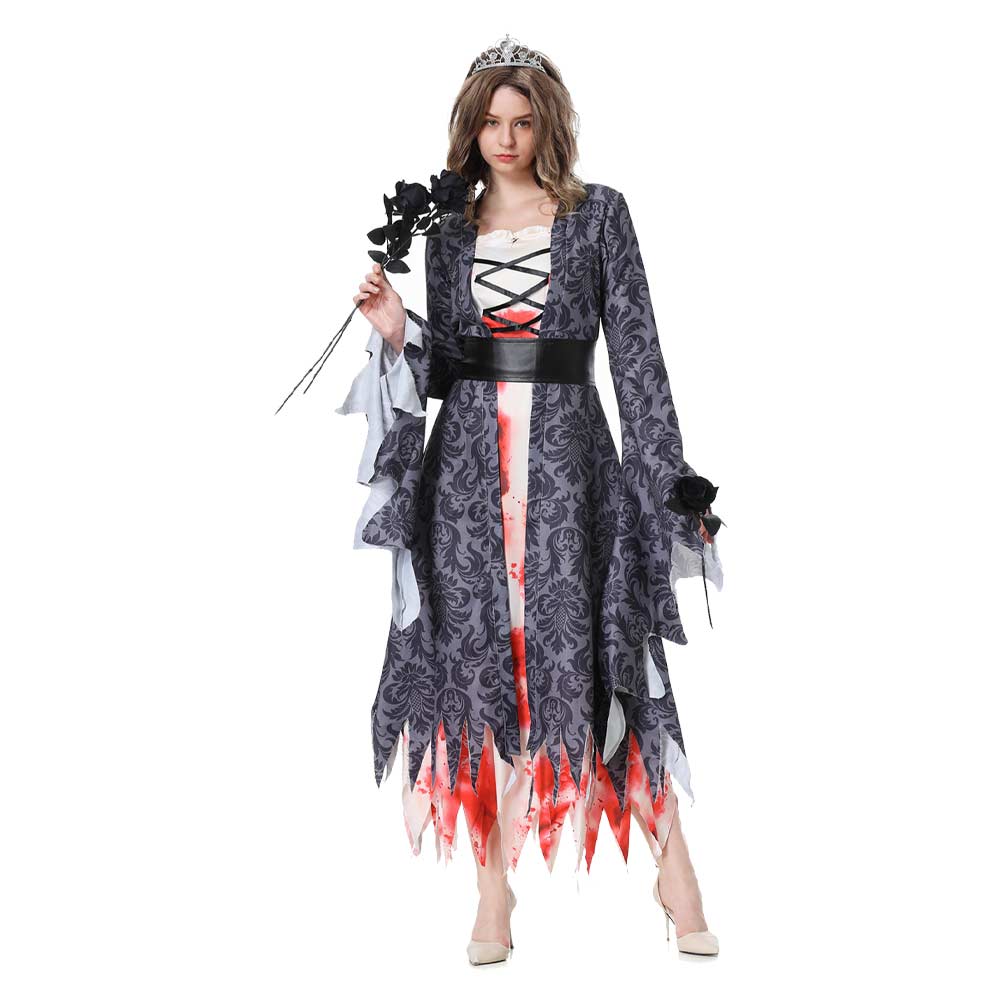 Retro Medieval Court Renaissance Gothic Ghost Bride Printed Women Dress With Crown Cosplay Costume Outfits Halloween Carnival Suit