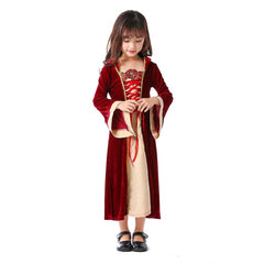 Retro Medieval European Court Kids Girls Red Princess Dress Cosplay Outfits Halloween Party Suit