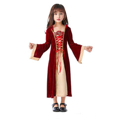 Retro Medieval European Court Kids Girls Red Princess Dress Cosplay Outfits Halloween Party Suit