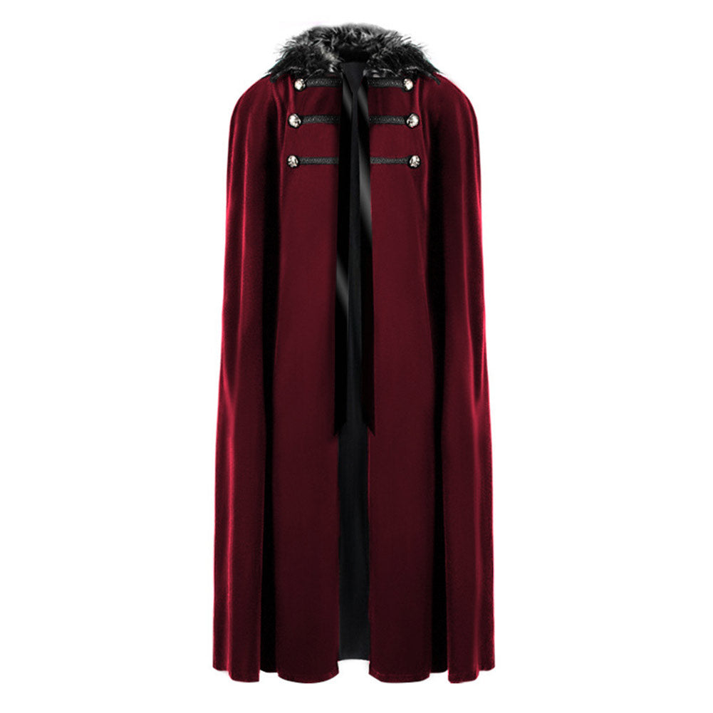 Retro Medieval Men Burgundy Steampunk Cloak Cape Cosplay Outfits Halloween Party Suit