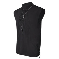 Retro Medieval Men Sleeveless Black Priate Shirt 2 Piece Set Cosplay Outfits Halloween Party Suit