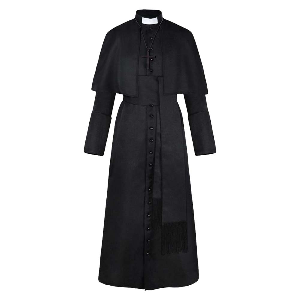 Retro Medieval Priest Black Coat Belt Scarf Cross 4 Pics Set Cosplay Outfits Halloween Party Suit