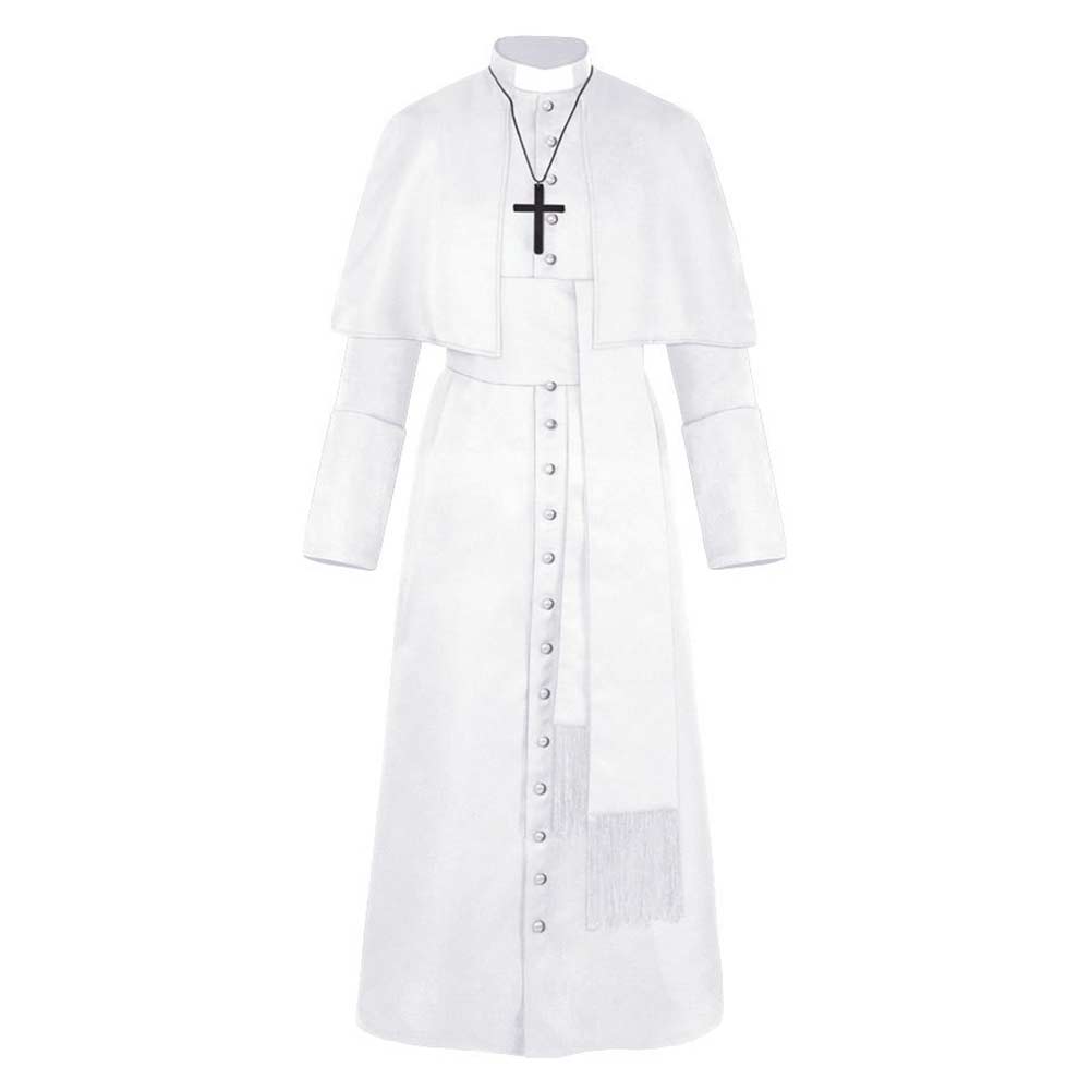 Retro Medieval Priest White Coat Belt Scarf Cross 4 Pics Set Cosplay Outfits Halloween Party Suit