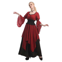 Retro Medieval Renaissance Victorian Pirate Witch 5 Piece Set Red Dress Cosplay Outfits Halloween Party Suit