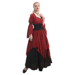 Retro Medieval Renaissance Victorian Pirate Witch 5 Piece Set Red Dress Cosplay Outfits Halloween Party Suit