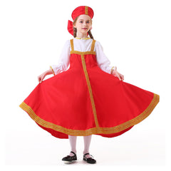 Retro Medieval Russian Ukraine Ethnic Clothing Kids Girls Red Long Dress Cosplay Costume Outfits Halloween Carnival Suit