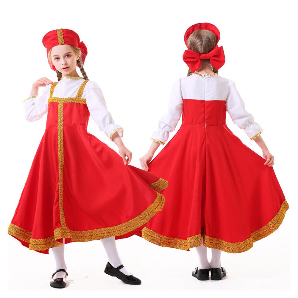 Retro Medieval Russian Ukraine Ethnic Clothing Kids Girls Red Long Dre ...