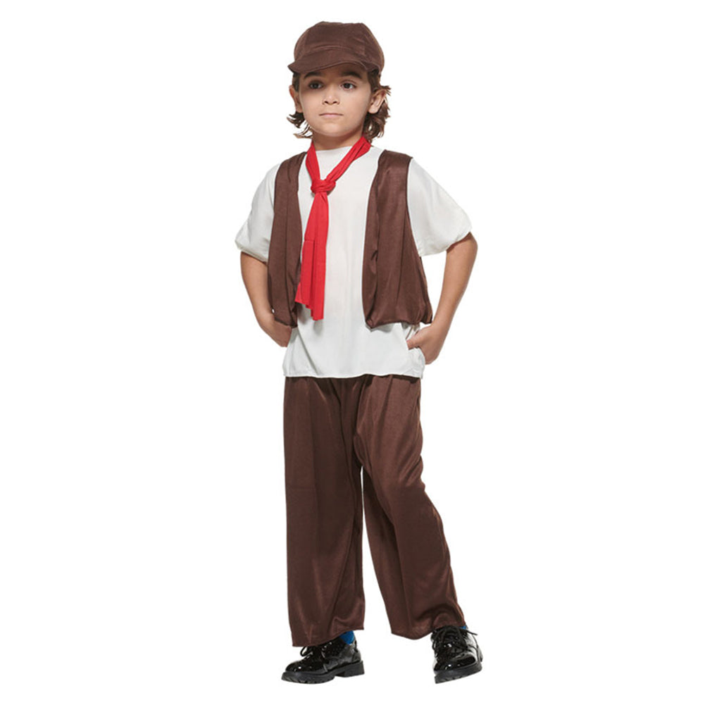 Retro Medieval Victoria Kids Boys Working Brown Uniform Full Set Cosplay Costume Outfits Halloween Carnival Suit