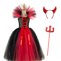 Retro Medieval Witch Kids Girls Long Red Mesh Dress Headpiece Magic Stick Set Cosplay Costume Outfits Halloween Carnival Suit