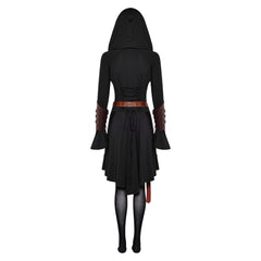 Retro Middle Ages 5 Piece Set Hooded Cape Black Gown Women Dress Cosplay Costume Outfits Halloween Carnival Suit