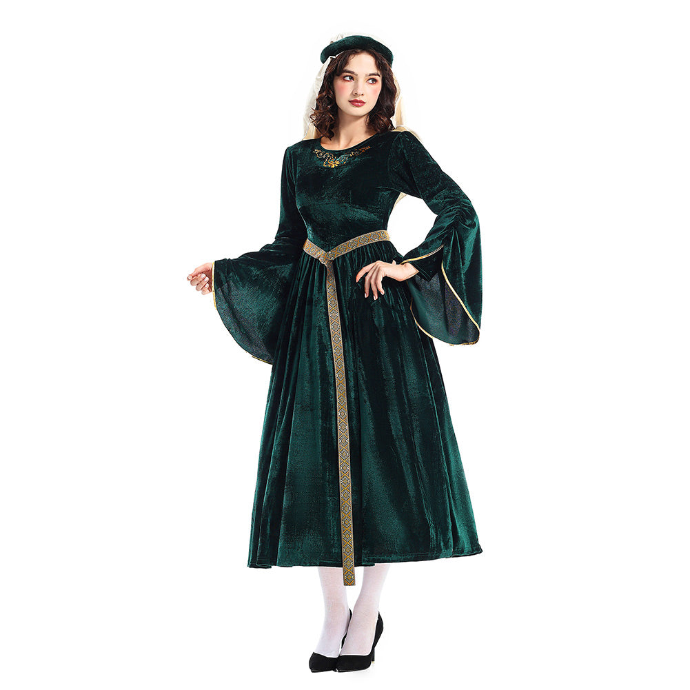 Retro Renaissance Women Witch Green Dress Cosplay Outfits Halloween Party Suit