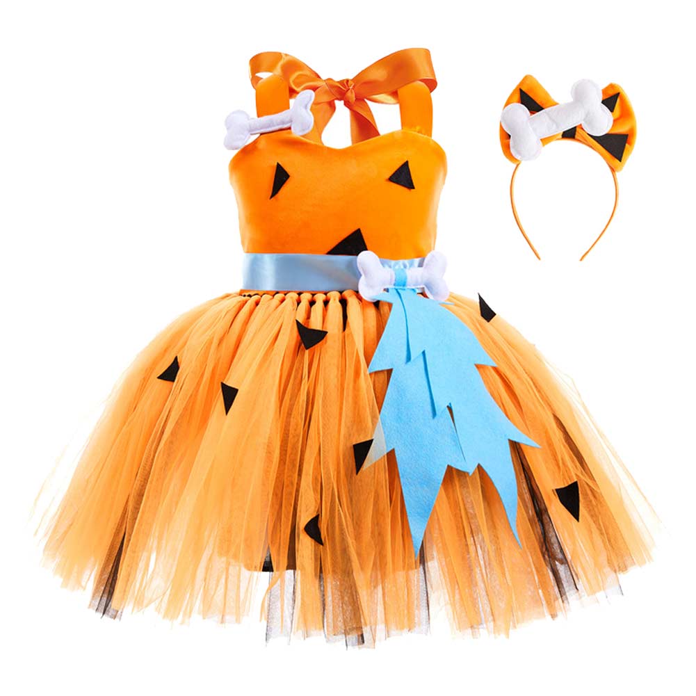 Retro The Stone Age Protohuman Kids Girls Mesh Tutu Dress Set Cosplay Outfits Halloween Party Suit