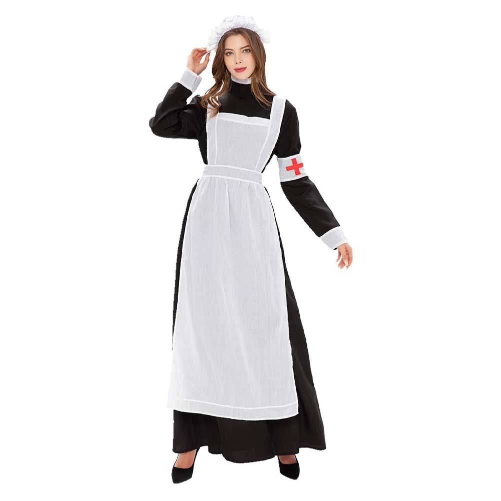 Retro Victorian Nurse Women Maid Apron Dress Cosplay Costume Outfits Halloween Carnival Suit