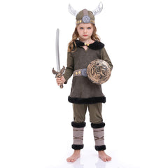 Retro Viking Period Ages Vintage Kids Children Pirate Warrior Cosplay Costume Outfits Halloween Carnival Suit