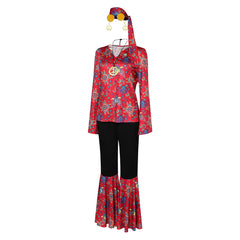 Retro Women 8 Pieces Hippy Recycle Pattern Red Suit Accessories Set Outfit Halloween Carnival Cosplay Costume
