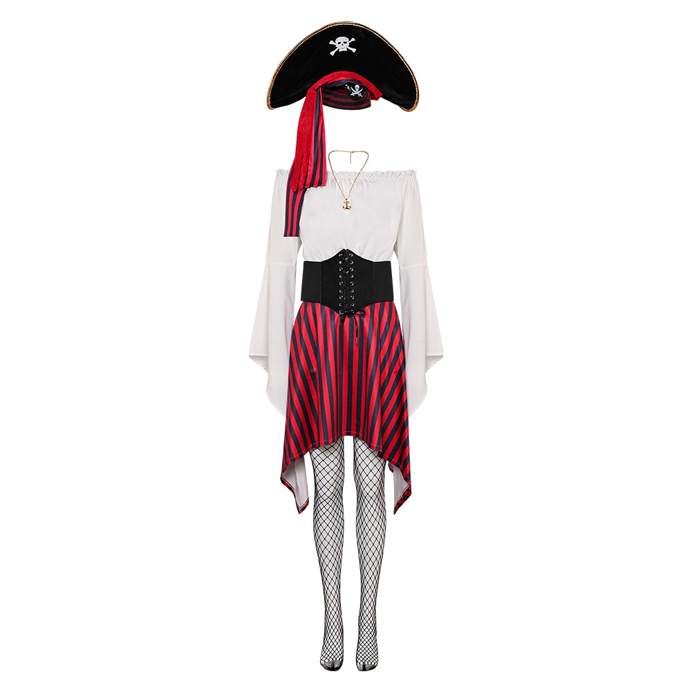 Retro Women 8 Pieces Renaissance Pirate Classic Dress Accessories Set Outfit Halloween Carnival Cosplay Costume