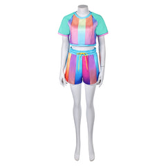 Retro Women Rainbow Striped Shorts Sportswear 2 Piece Set Cosplay Outfits Halloween Party Suit