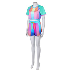 Retro Women Rainbow Striped Shorts Sportswear 2 Piece Set Cosplay Outfits Halloween Party Suit