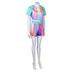 Retro Women Rainbow Striped Shorts Sportswear 2 Piece Set Cosplay Outfits Halloween Party Suit