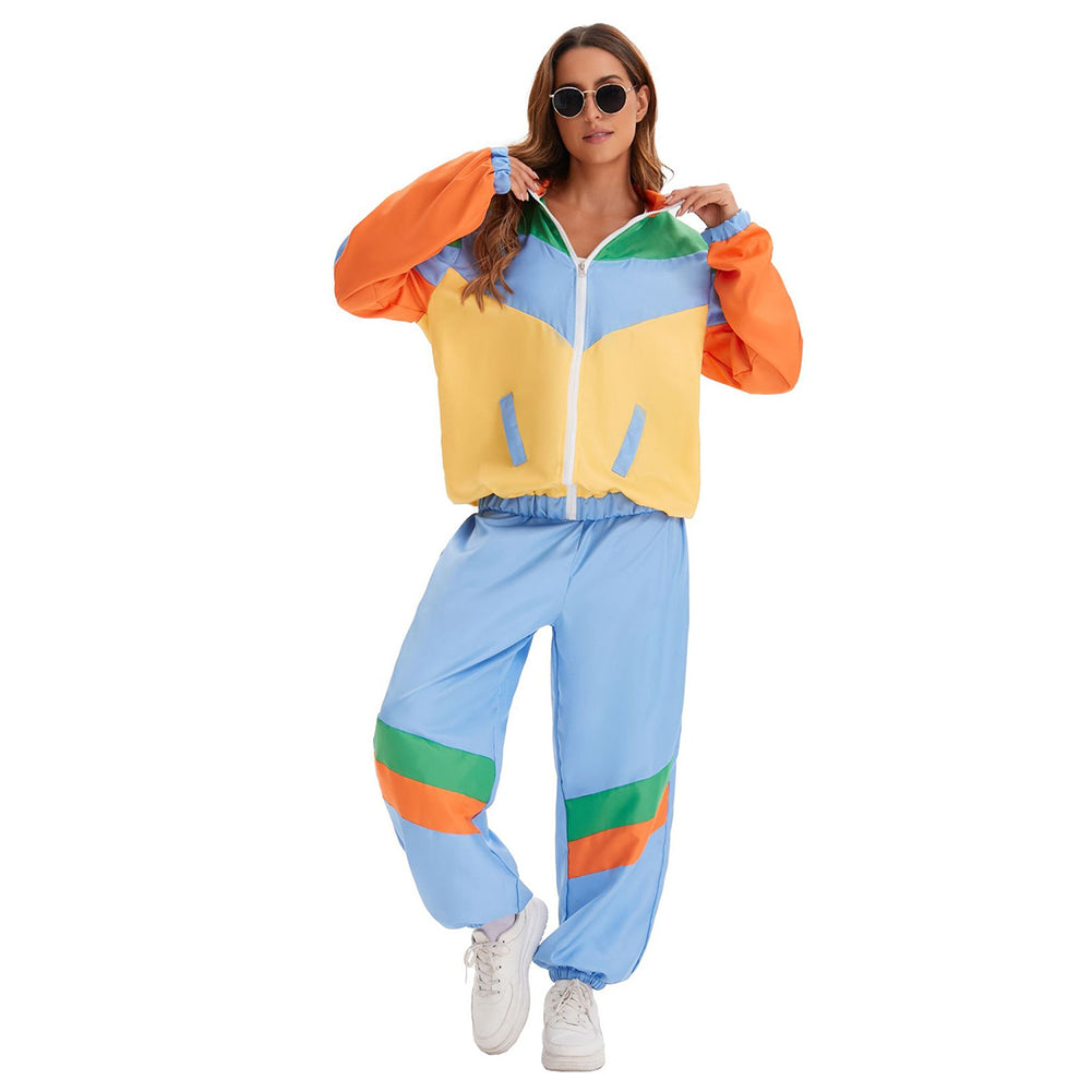 Retro70s Disco Hip Hop Women Blue Color Block 2 Piece Sportswear Cosplay Outfits Halloween Party Suit