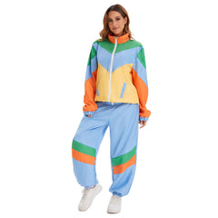 Retro70s Disco Hip Hop Women Blue Color Block 2 Piece Sportswear Cosplay Outfits Halloween Party Suit