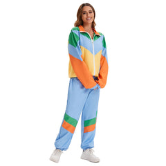 Retro70s Disco Hip Hop Women Blue Color Block 2 Piece Sportswear Cosplay Outfits Halloween Party Suit