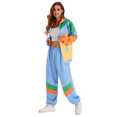 Retro70s Disco Hip Hop Women Blue Color Block 2 Piece Sportswear Cosplay Outfits Halloween Party Suit