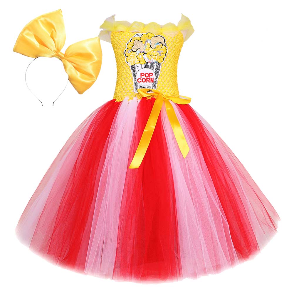 Sequins Popcorn Long Girl's Mesh Princess Cute Tutu Dress Headgear Set Cosplay Costume Outfits Halloween Carnival Suit