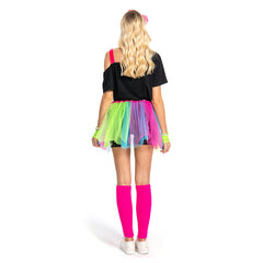Retro 80S 7Pcs/Set Adult Women Mesh Tutu Rainbow Clourful Dress Cosplay Costume Outfits Halloween Party Carnival Suit