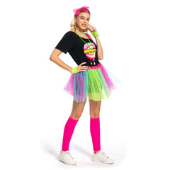 Retro 80S 7Pcs/Set Adult Women Mesh Tutu Rainbow Clourful Dress Cosplay Costume Outfits Halloween Party Carnival Suit