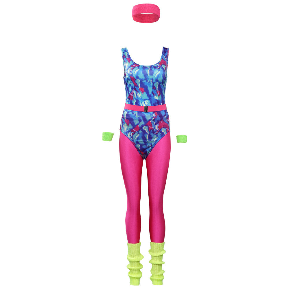 Retro 80s 6Pcs/Set Blue And Pink Colorblocked Printed Leotard Legging Tracksuit For Adult Women Cosplay Workout Costume Outfits Halloween Carnival Suit