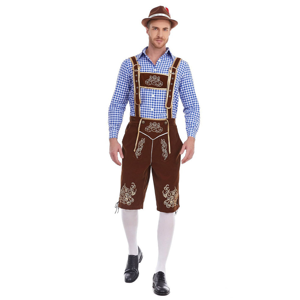 The Munich Oktoberfest Men Blue Plaid Top Brown Pants Hat 3 Pics/Set Cosplay Outfits Halloween Party Suit