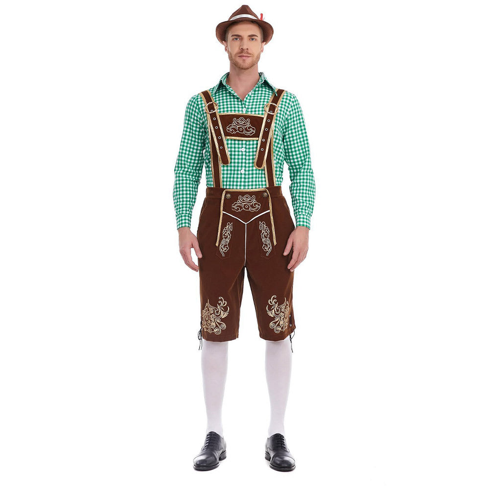 The Munich Oktoberfest Men Green Plaid Top Brown Pants Hat 3 Pics/Set Cosplay Outfits Halloween Party Suit