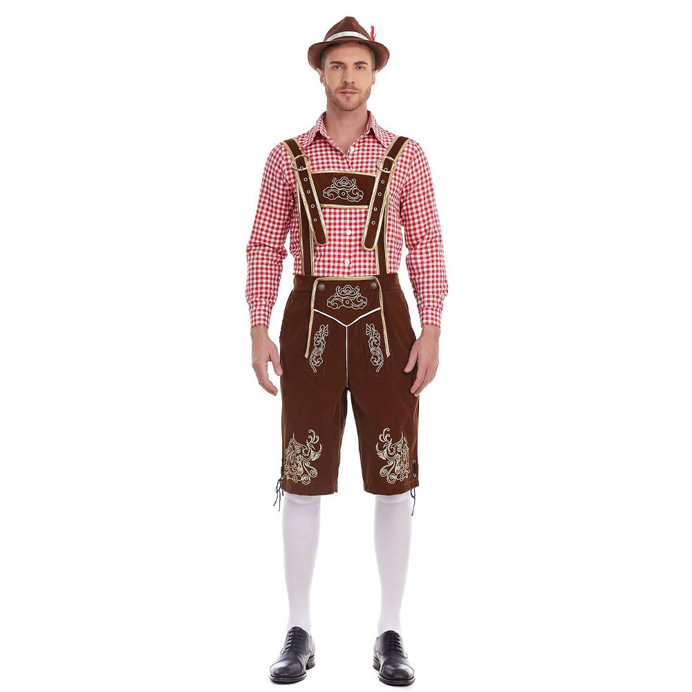 The Munich Oktoberfest Men Red Plaid Top Brown Pants Hat 3 Pics/Set Cosplay Outfits Halloween Party Suit