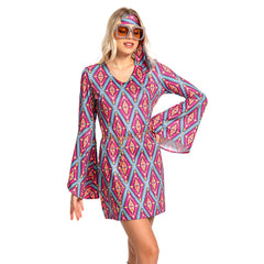 Retro 70s Disco Women Ribbed Print Dress 6Pcs/Set Cosplay Outfits Halloween Party Suit