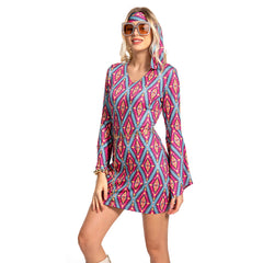 Retro 70s Disco Women Ribbed Print Dress 6Pcs/Set Cosplay Outfits Halloween Party Suit