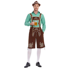 The Munich Oktoberfest Men Green Plaid Top Brown Pants Hat 3 Pics/Set Cosplay Outfits Halloween Party Suit