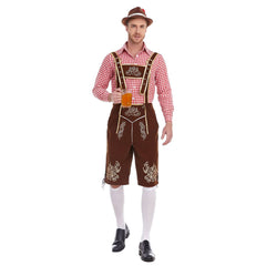 The Munich Oktoberfest Men Red Plaid Top Brown Pants Hat 3 Pics/Set Cosplay Outfits Halloween Party Suit