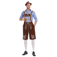 The Munich Oktoberfest Men Blue Plaid Top Brown Pants Hat 3 Pics/Set Cosplay Outfits Halloween Party Suit