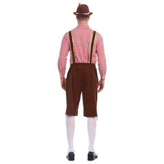 The Munich Oktoberfest Men Red Plaid Top Brown Pants Hat 3 Pics/Set Cosplay Outfits Halloween Party Suit