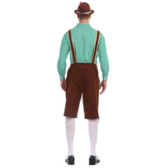 The Munich Oktoberfest Men Green Plaid Top Brown Pants Hat 3 Pics/Set Cosplay Outfits Halloween Party Suit