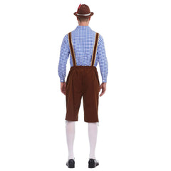 The Munich Oktoberfest Men Blue Plaid Top Brown Pants Hat 3 Pics/Set Cosplay Outfits Halloween Party Suit