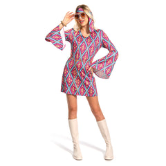 Retro 70s Disco Women Ribbed Print Dress 6Pcs/Set Cosplay Outfits Halloween Party Suit