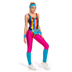 6Pcs/Set Retro 80s 90s Colorful Pink Glossy Fitness Legging Cosplay Costume For Adult Women Cosplay Costume Outfits Halloween Carnival Suit