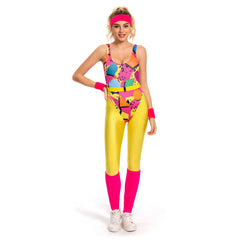 Retro 80s 90s 6Pcs/Set Yellow Colorful Printed Leotard Legging Tracksuit For Adult Women Cosplay Costume Outfits Halloween Carnival Suit