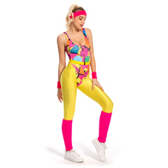 Retro 80s 90s 6Pcs/Set Yellow Colorful Printed Leotard Legging Tracksuit For Adult Women Cosplay Costume Outfits Halloween Carnival Suit