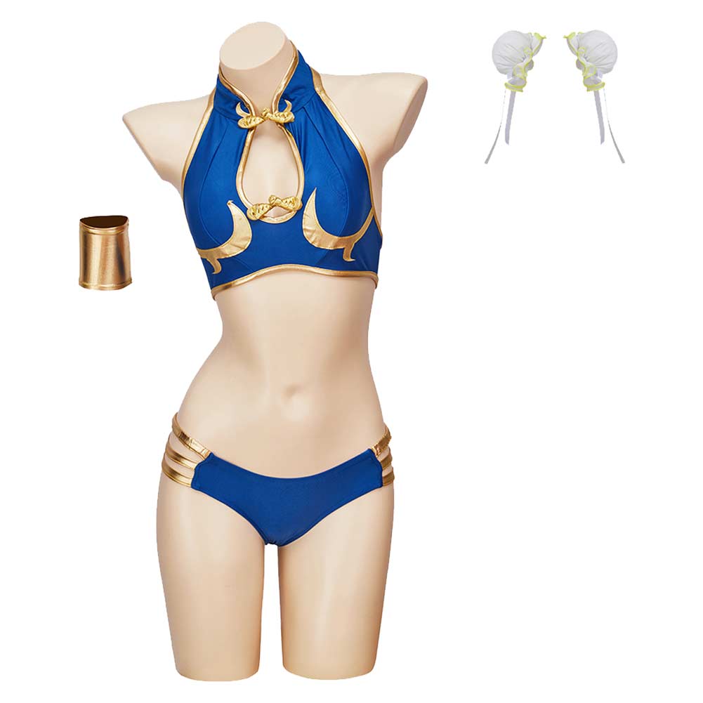 Street Fighter ChunLi 2 Piece Set Bikini Swimsuit Beach Swimwear Cosplay Costume Outfits Halloween Carnival Suit